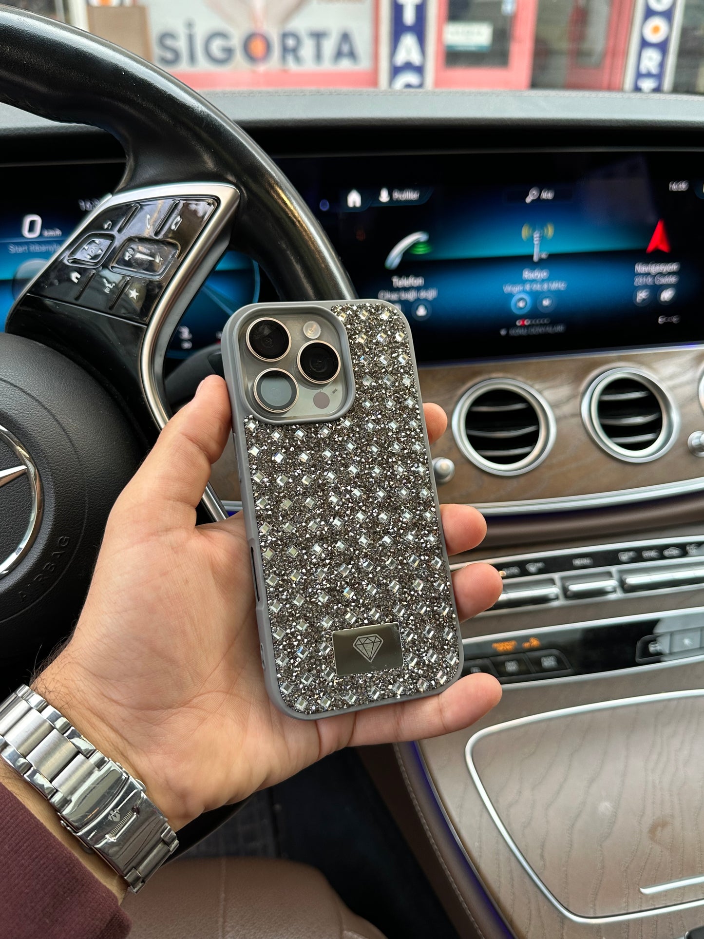 Crystal Shine Taşlı Apple iPhone Uyumlu Kılıf (Gri)