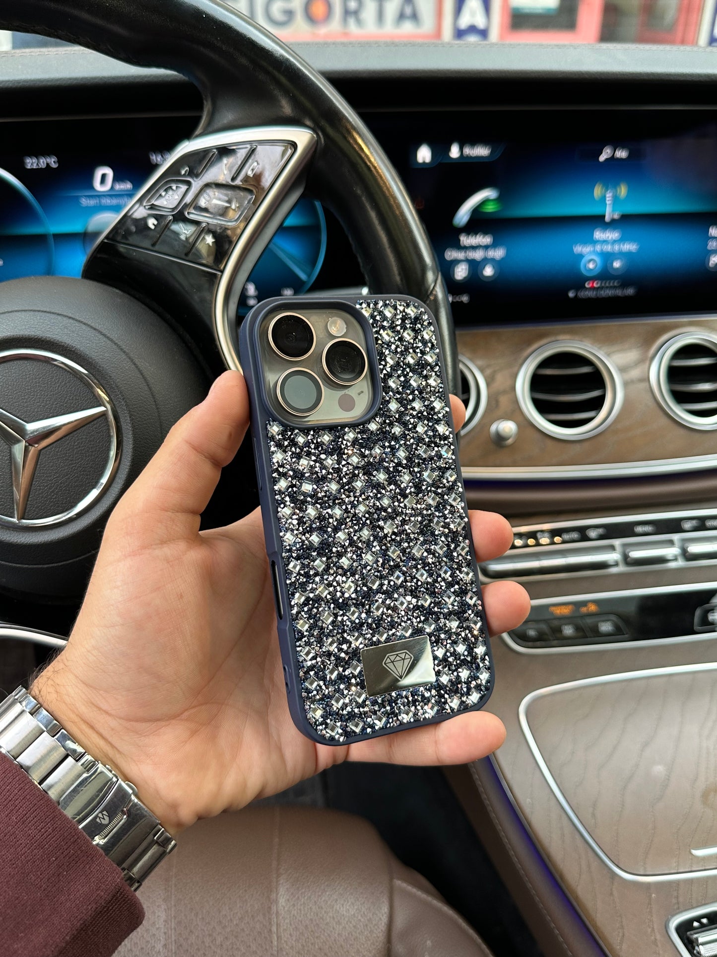 Crystal Shine Taşlı Apple iPhone Uyumlu Kılıf (Lacivert)