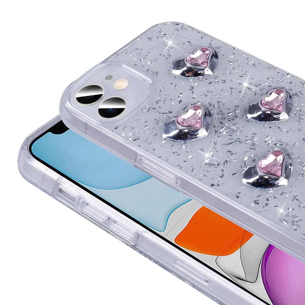Apple iPhone 11 Kılıf Airbagli Simli Arka Yüzey Zore Işıltı Silikon Kapak Beyaz-Kalp