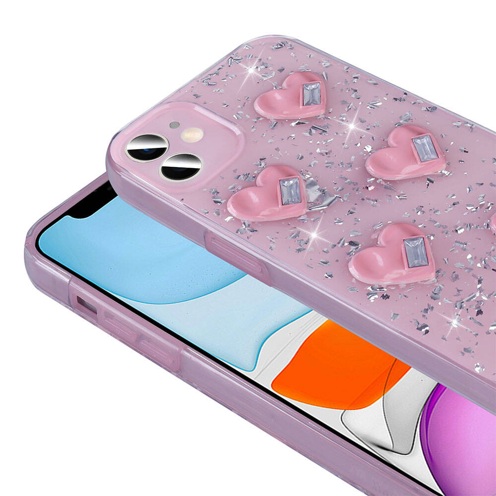 Apple iPhone 11 Kılıf Airbagli Simli Arka Yüzey Zore Işıltı Silikon Kapak Beyaz-Kalp