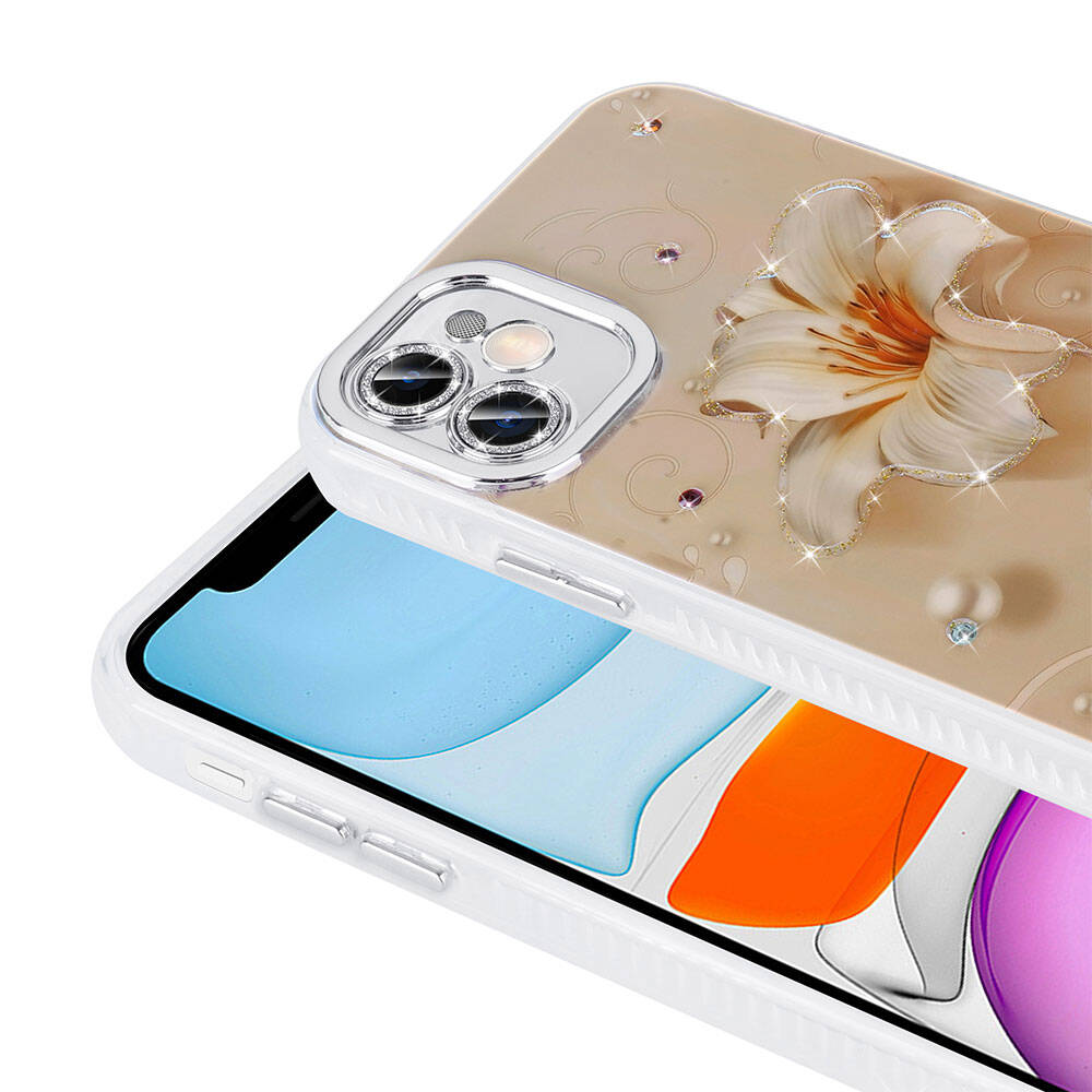 Apple iPhone 11 Kılıf Çiçek Desenli Parlak Taşlı Sert Silikon Zore Garden Kapak Beyaz