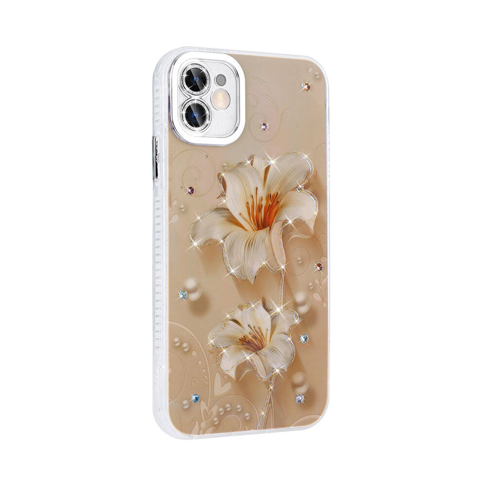 Apple iPhone 11 Kılıf Çiçek Desenli Parlak Taşlı Sert Silikon Zore Garden Kapak Mor