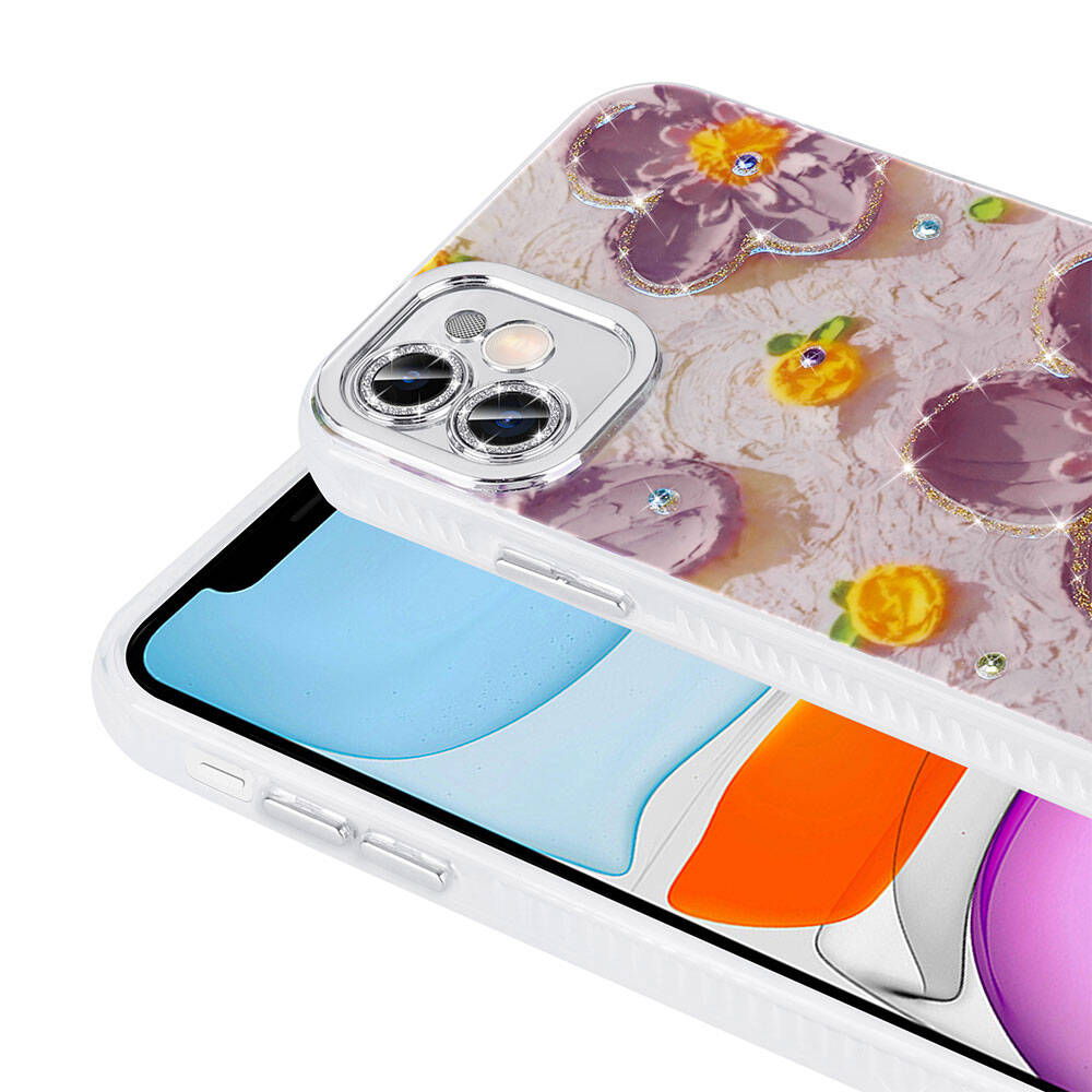 Apple iPhone 11 Kılıf Çiçek Desenli Parlak Taşlı Sert Silikon Zore Garden Kapak Beyaz