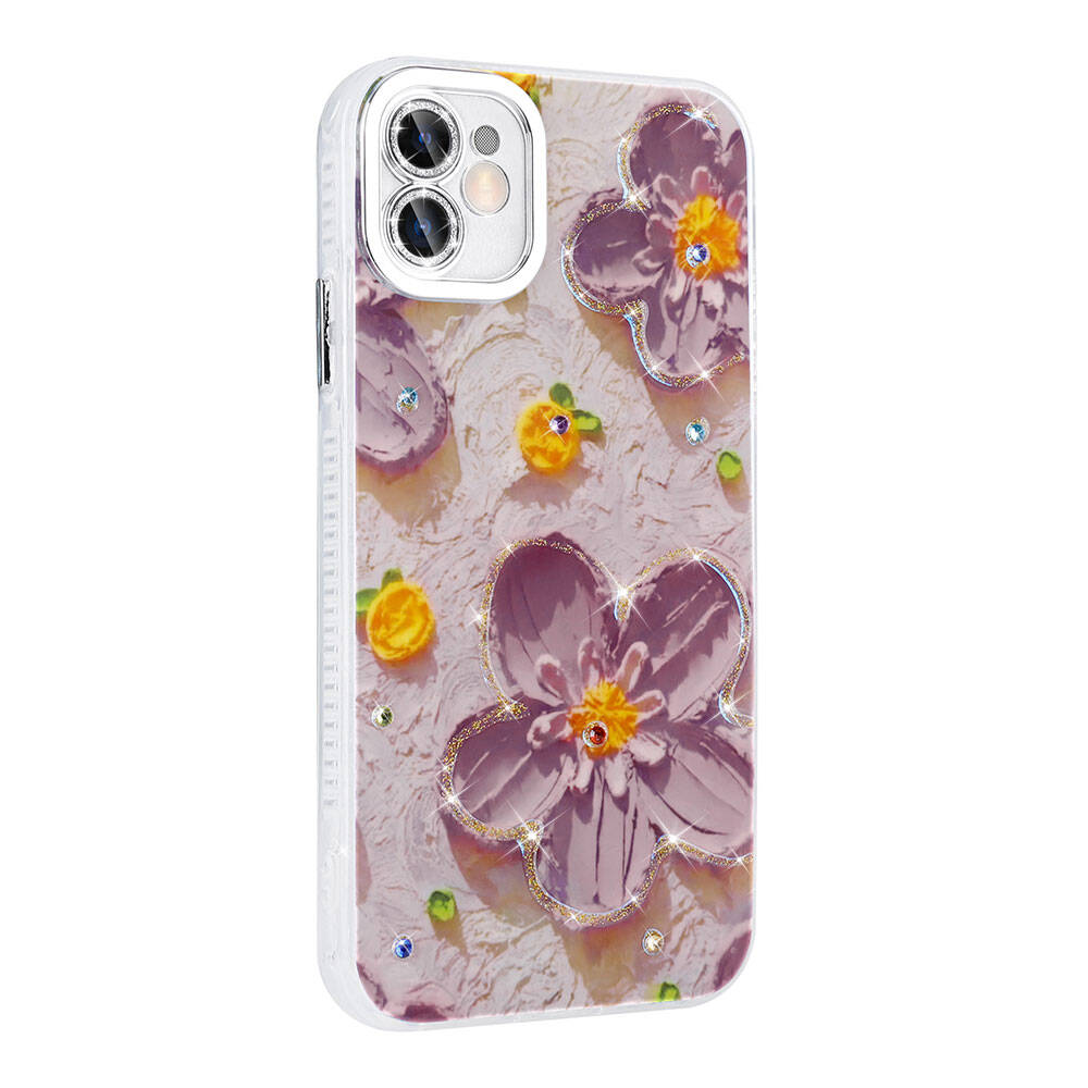 Apple iPhone 11 Kılıf Çiçek Desenli Parlak Taşlı Sert Silikon Zore Garden Kapak Beyaz