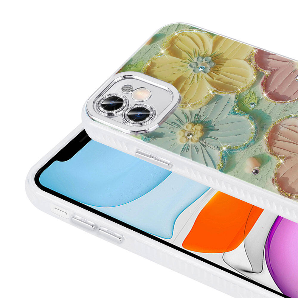 Apple iPhone 11 Kılıf Çiçek Desenli Parlak Taşlı Sert Silikon Zore Garden Kapak Beyaz
