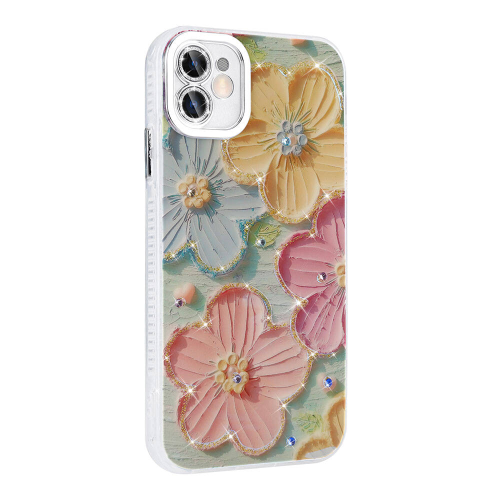 Apple iPhone 11 Kılıf Çiçek Desenli Parlak Taşlı Sert Silikon Zore Garden Kapak Mor