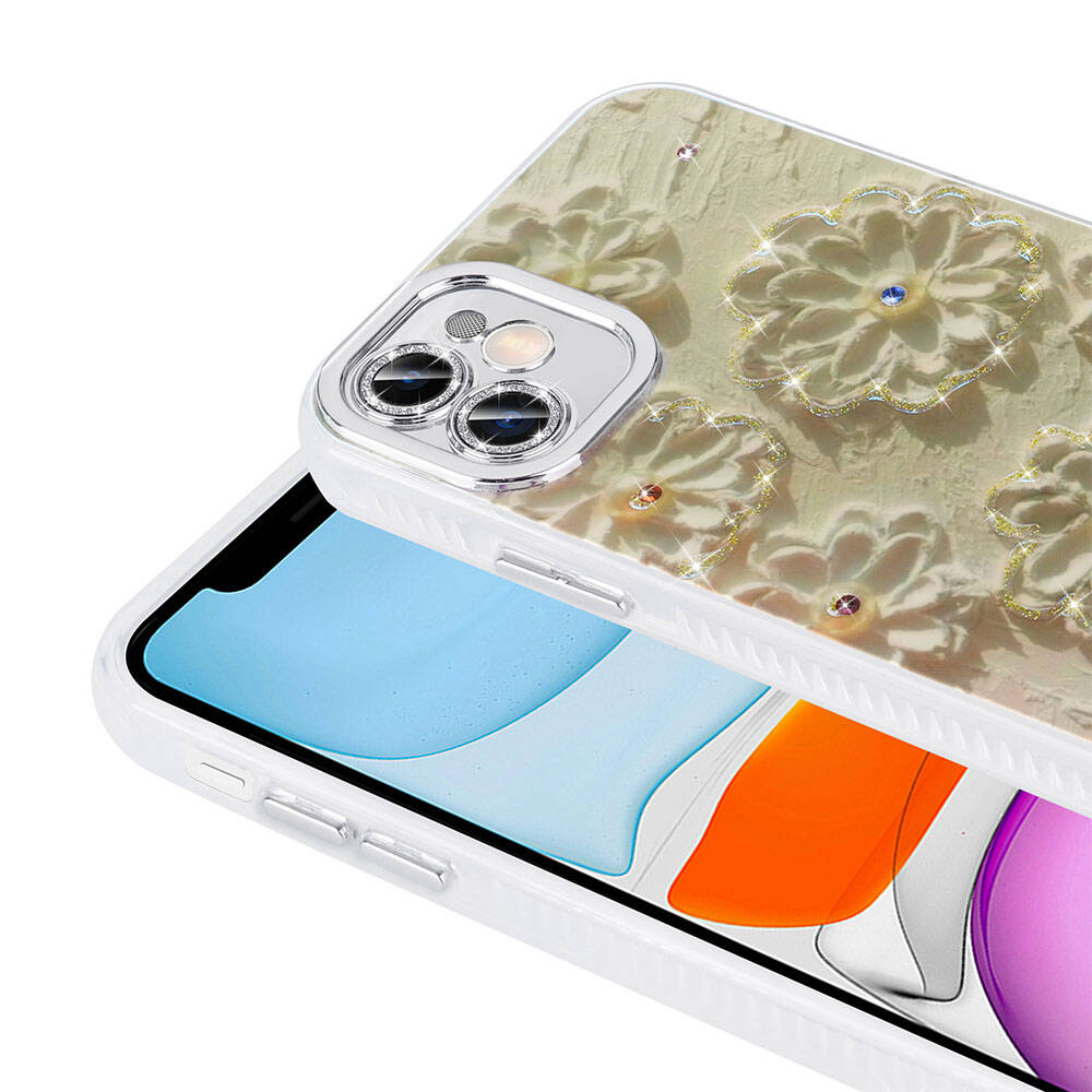 Apple iPhone 11 Kılıf Çiçek Desenli Parlak Taşlı Sert Silikon Zore Garden Kapak Beyaz