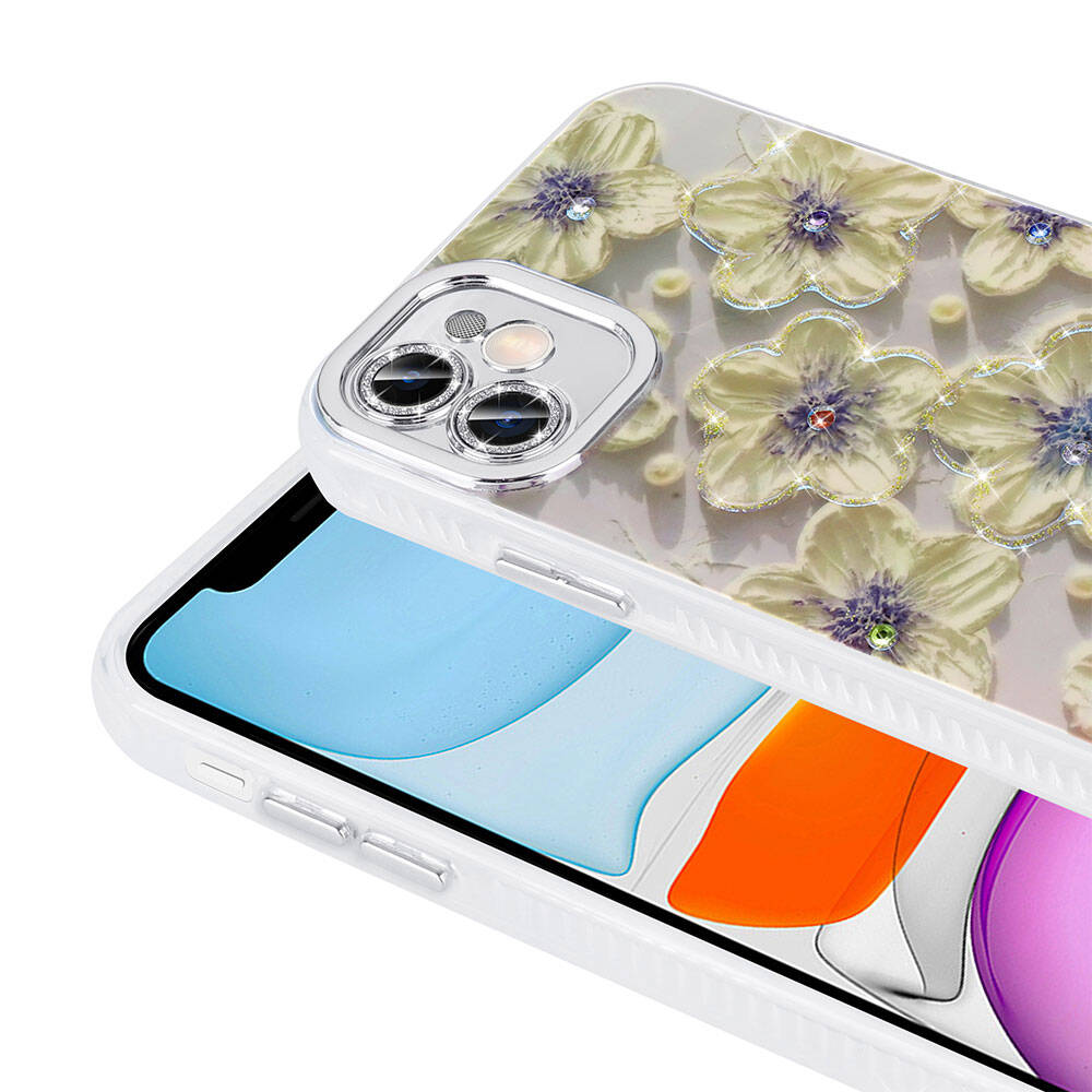 Apple iPhone 11 Kılıf Çiçek Desenli Parlak Taşlı Sert Silikon Zore Garden Kapak Beyaz