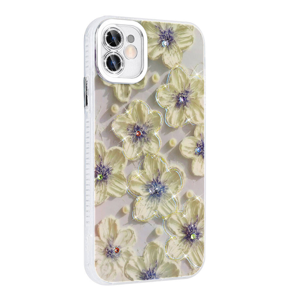 Apple iPhone 11 Kılıf Çiçek Desenli Parlak Taşlı Sert Silikon Zore Garden Kapak Beyaz