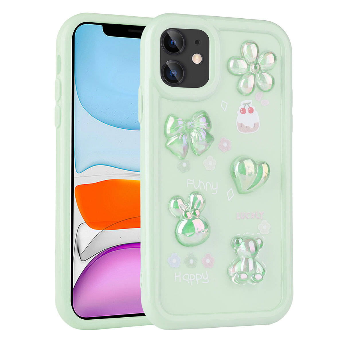 Apple iPhone 11 Kılıf Kabartma Figürlü Parlak Zore Toys Silikon Kapak Açık Yeşil