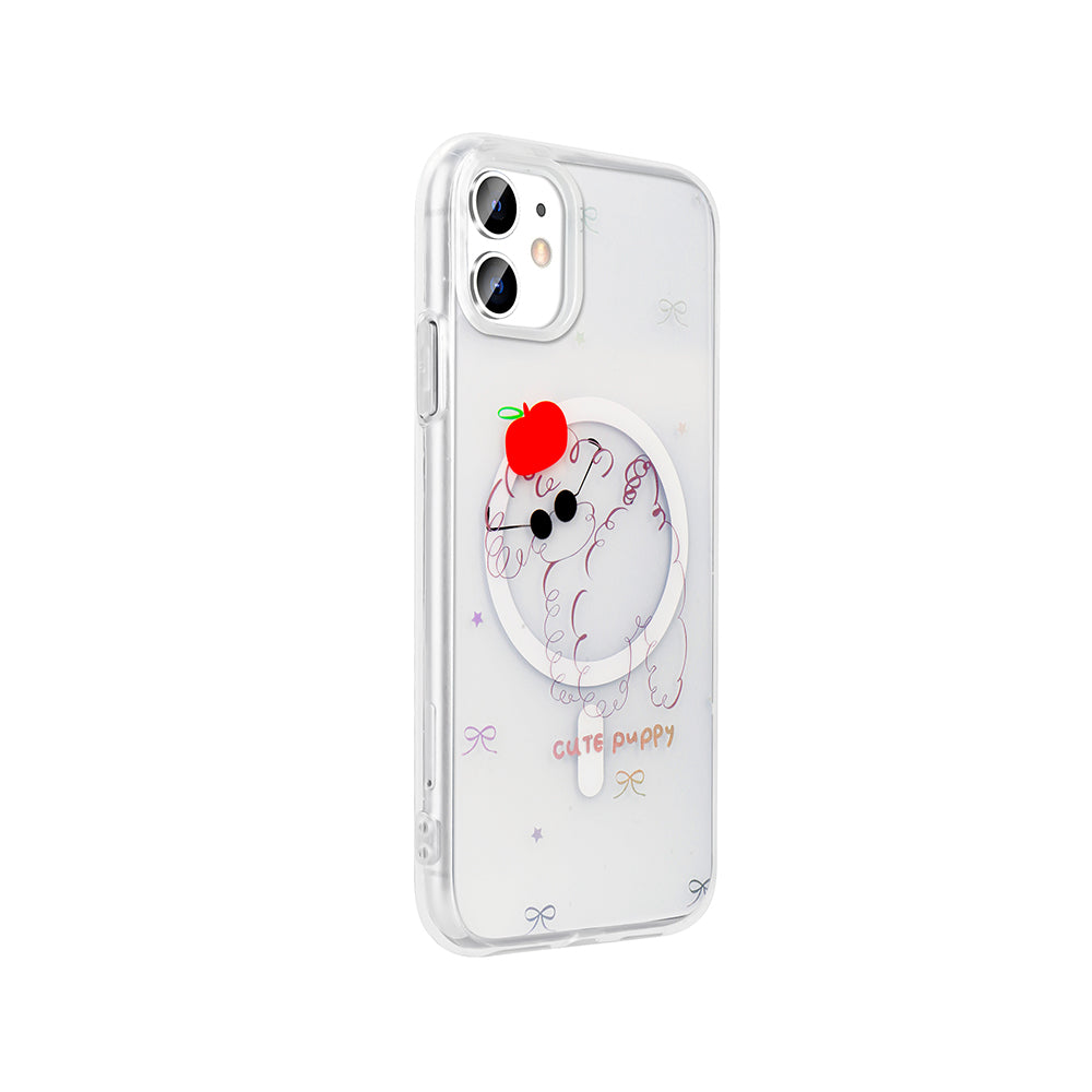Apple iPhone 11 Kılıf M-Safe Şarj Özellikli Şeffaf Zore Folk Sert Kapak Sevimli Köpek