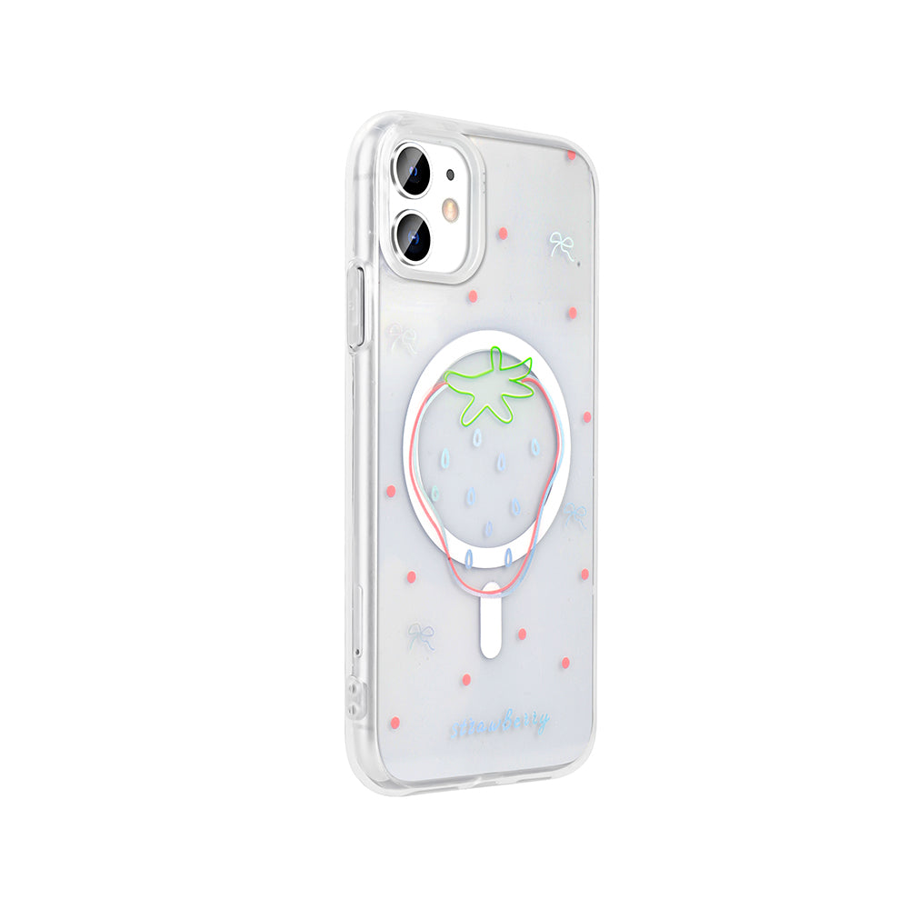 Apple iPhone 11 Kılıf M-Safe Şarj Özellikli Şeffaf Zore Folk Sert Kapak Çilek