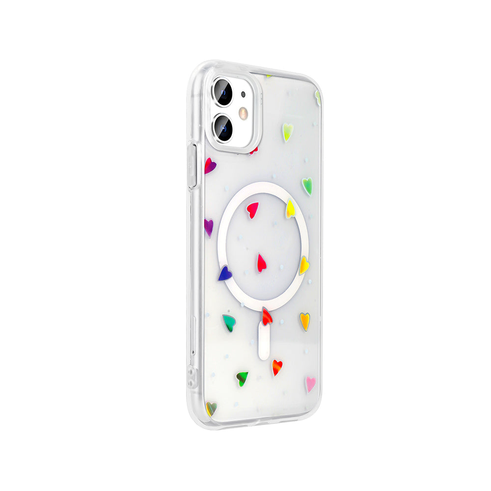 Apple iPhone 11 Kılıf M-Safe Şarj Özellikli Şeffaf Zore Folk Sert Kapak Çilek