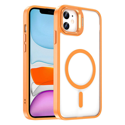 Apple iPhone 11 Kılıf Magsafe Şarj Özellikli Standlı Zore Magsafe Klon Lensli Kapak Turuncu