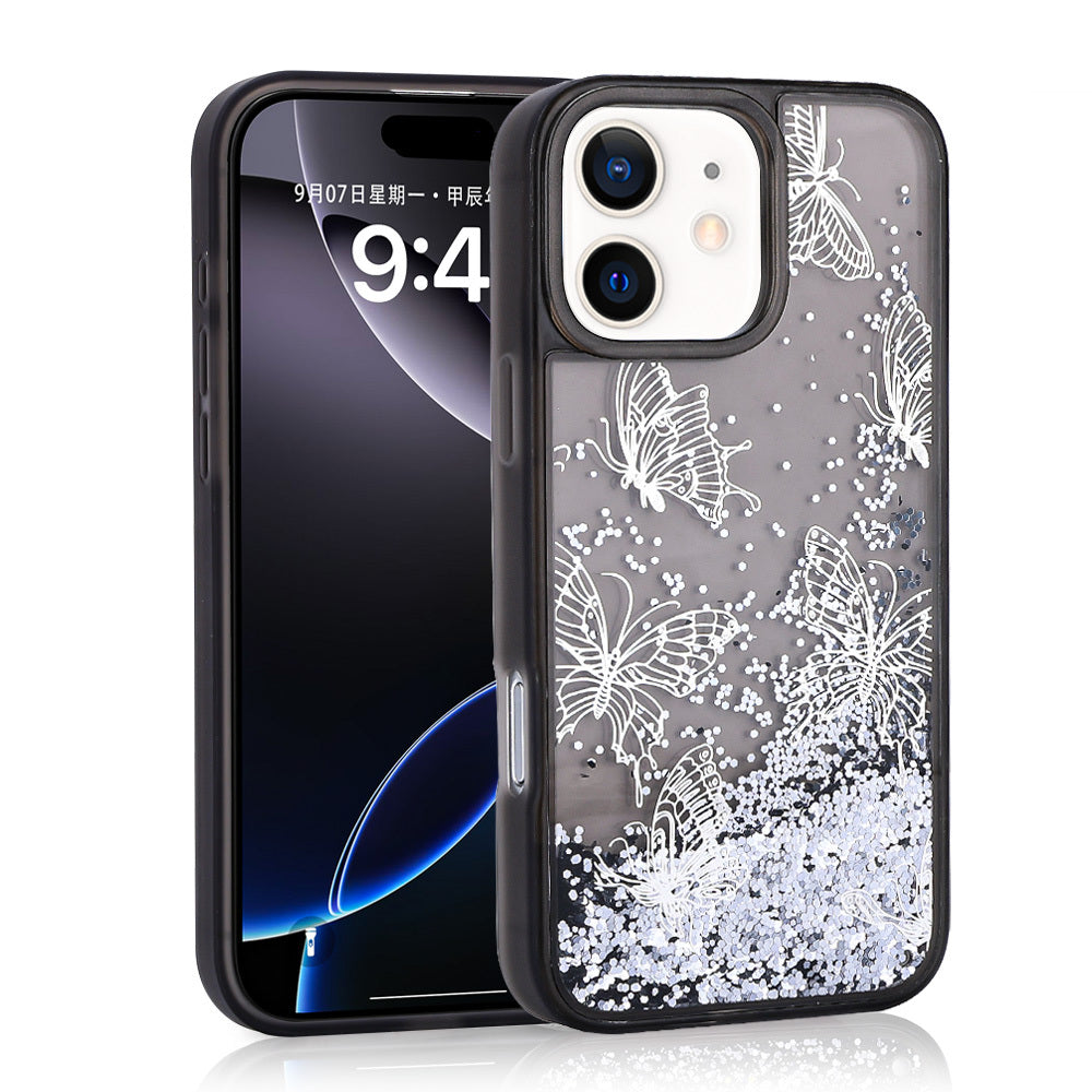 Apple iPhone 11 Kılıf Sıvılı Simli Kelebek Baskılı Şeffaf Arka Yüzey Zore Glis Silikon Kapak Pembe