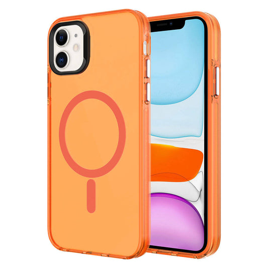 Apple iPhone 11 Kılıf Zore Magsafe Şarj Özellikli Buzlu Transparan C-Pro Sert Kapak Turuncu