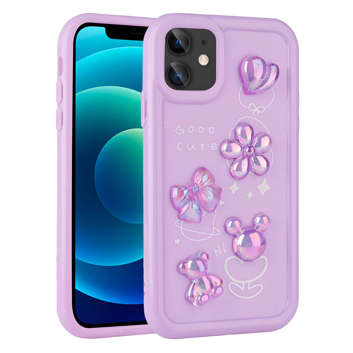 Apple iPhone 12 Kılıf Kabartma Figürlü Parlak Zore Toys Silikon Kapak Mor