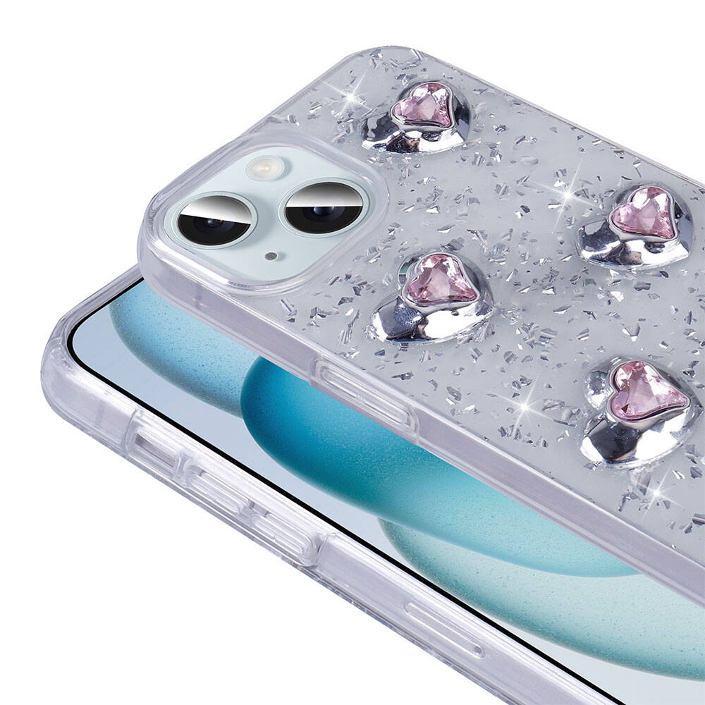 Apple iPhone 13 Kılıf Airbagli Simli Arka Yüzey Zore Işıltı Silikon Kapak Pembe