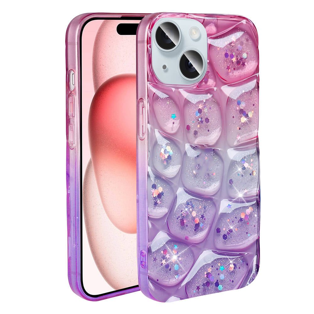 Apple iPhone 13 Kılıf Simli 3D Desenli Zore Hacar Kapak Pembe-Mavi