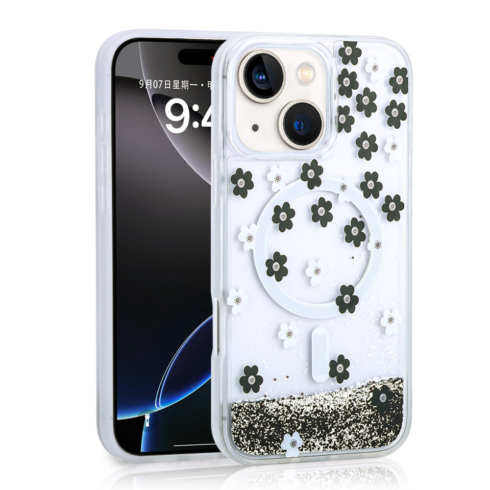 Apple iPhone 13 Kılıf Sıvılı Simli Baskılı Şeffaf Arka Yüzey Zore Mossa Silikon Kapak Gri