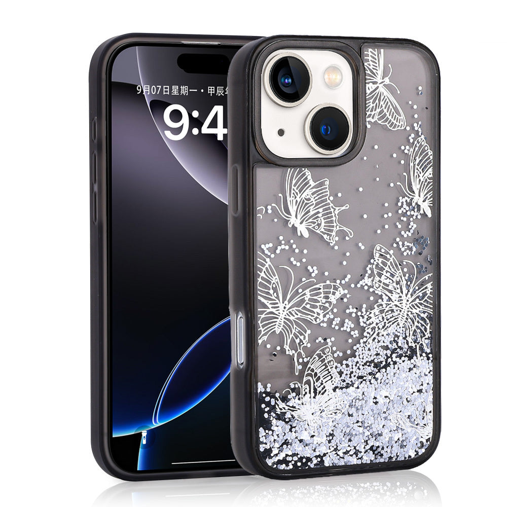 Apple iPhone 13 Kılıf Sıvılı Simli Kelebek Baskılı Şeffaf Arka Yüzey Zore Glis Silikon Kapak Mor