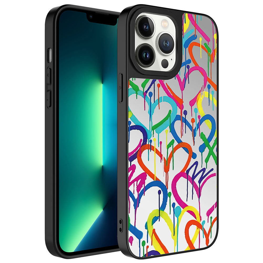 Apple iPhone 13 Pro Kılıf Aynalı Desenli Kamera Korumalı Parlak Zore Mirror Kapak Kalp
