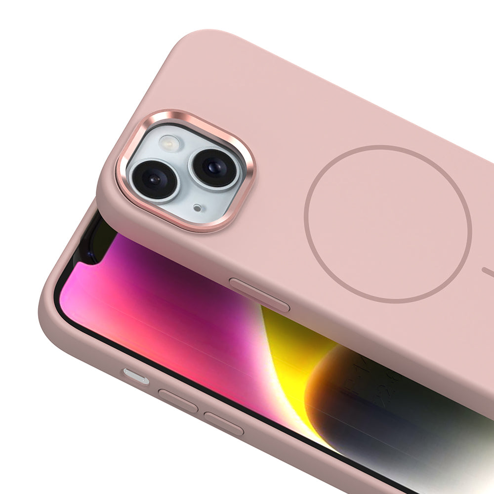 Apple iPhone 14 Kılıf M-Safe Şarj Özellikli Metal Kamera Çerçeveli Zore Edi Silikon Kapak Kahverengi