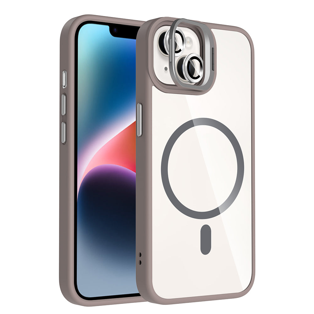 Apple iPhone 14 Kılıf Standlı ve Kamera Lens Hediyeli M-Safe Şarj Özellikli Zore Etro Kapak Desert Titanyum
