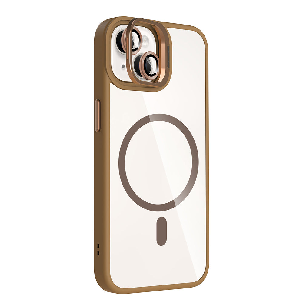 Apple iPhone 14 Kılıf Standlı ve Kamera Lens Hediyeli M-Safe Şarj Özellikli Zore Etro Kapak Desert Titanyum