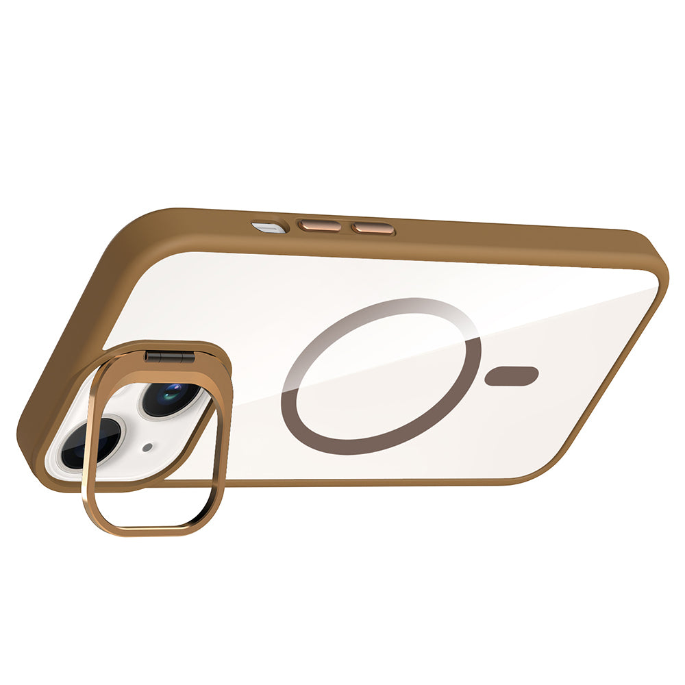 Apple iPhone 14 Kılıf Standlı ve Kamera Lens Hediyeli M-Safe Şarj Özellikli Zore Etro Kapak Desert Titanyum