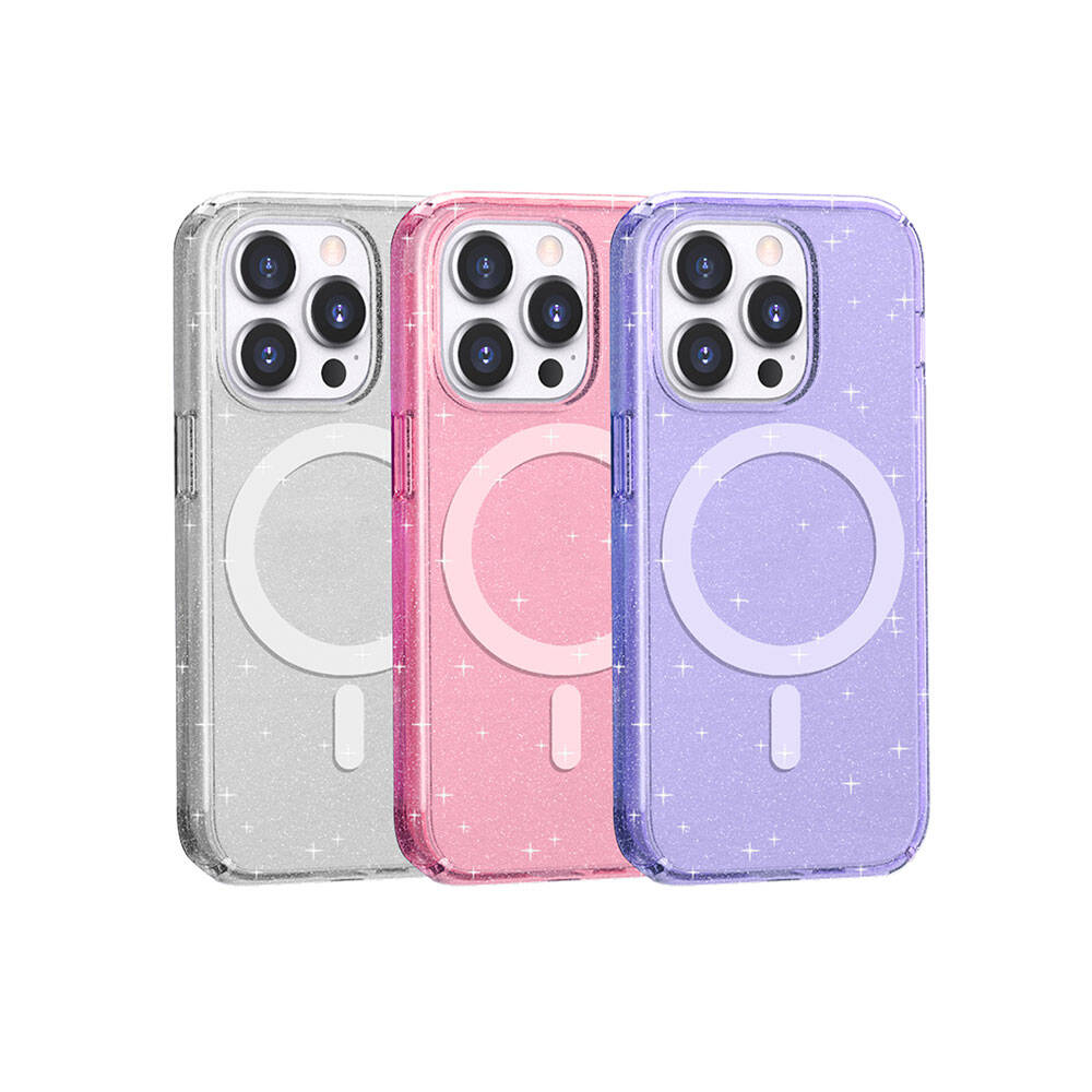 Apple iPhone 14 Pro Kılıf Magsafe Şarj Özellikli Parlayan Simli Saydam Renkli Zore Allstar Kapak Pembe