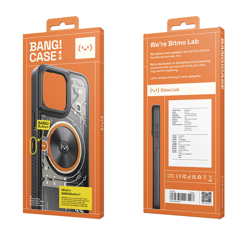 Apple iPhone 14 Pro Kılıf Özelleştirilebilir 3 Fonksiyonlu Bluetooth Bağlantılı Bitmo Lab Bangcase Akıllı Magsafe Kapak Siyah