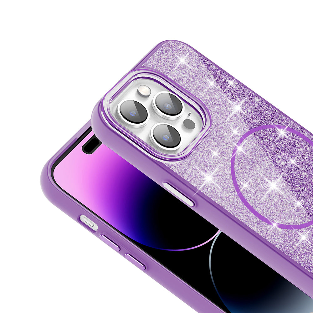 Apple iPhone 14 Pro Max Kılıf Magsafe Şarj Özellikli Parlayan Simli Zore Okso Kapak Pembe