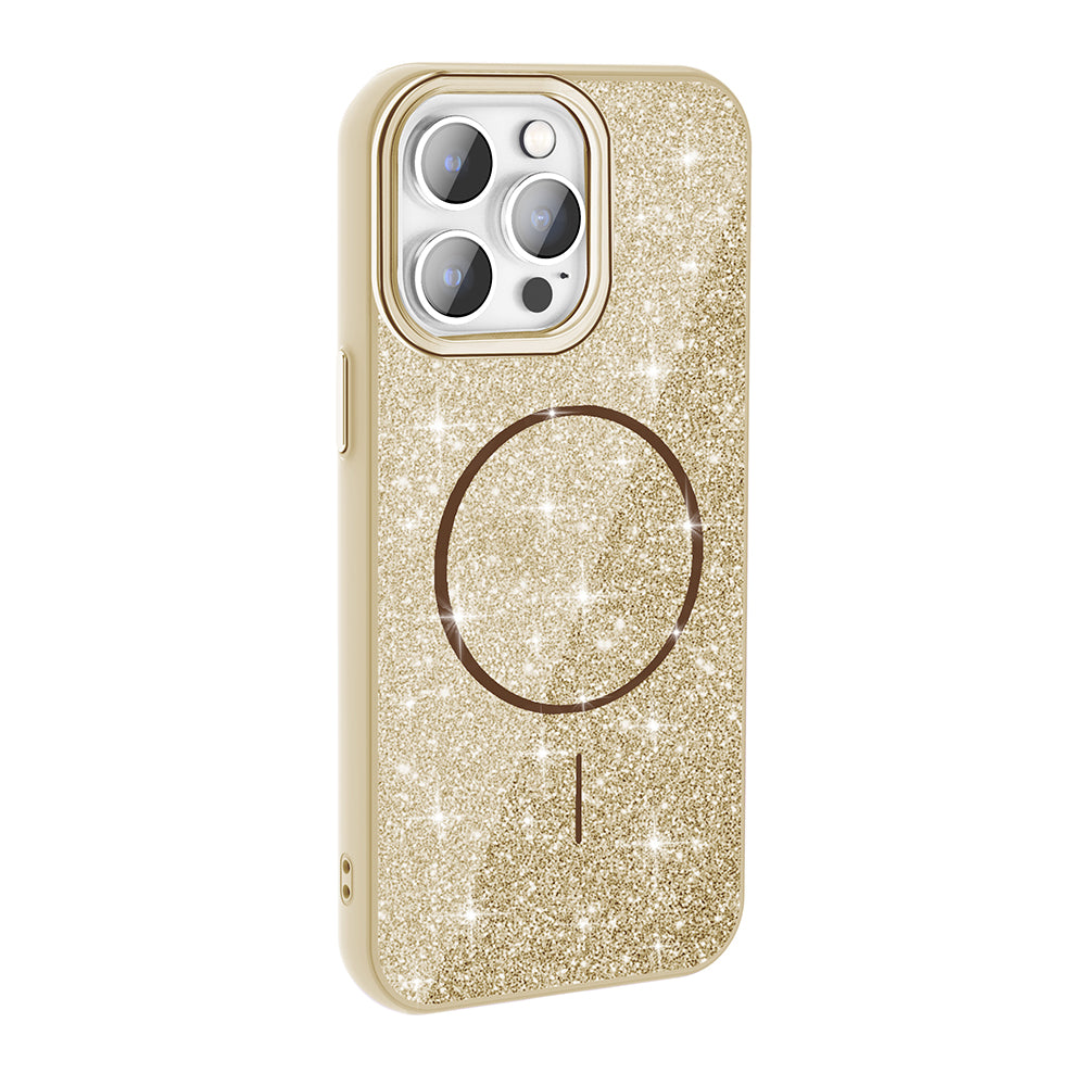 Apple iPhone 14 Pro Max Kılıf Magsafe Şarj Özellikli Parlayan Simli Zore Okso Kapak Gold