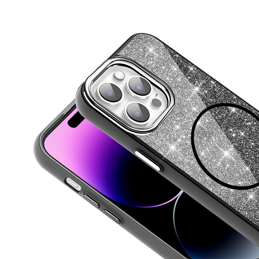 Apple iPhone 14 Pro Max Kılıf Magsafe Şarj Özellikli Parlayan Simli Zore Okso Kapak Derin Mor