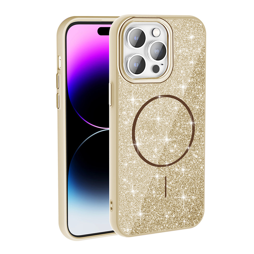 Apple iPhone 14 Pro Max Kılıf Magsafe Şarj Özellikli Parlayan Simli Zore Okso Kapak Gold