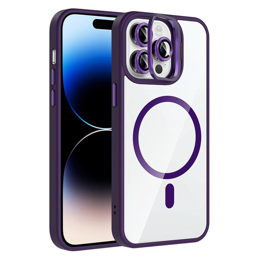 Apple iPhone 14 Pro Max Kılıf Standlı ve Kamera Lens Hediyeli M-Safe Şarj Özellikli Zore Etro Kapak Derin Mor