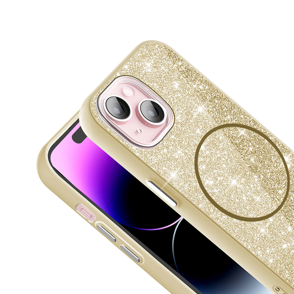 Apple iPhone 15 Kılıf Magsafe Şarj Özellikli Parlayan Simli Zore Okso Kapak Gold