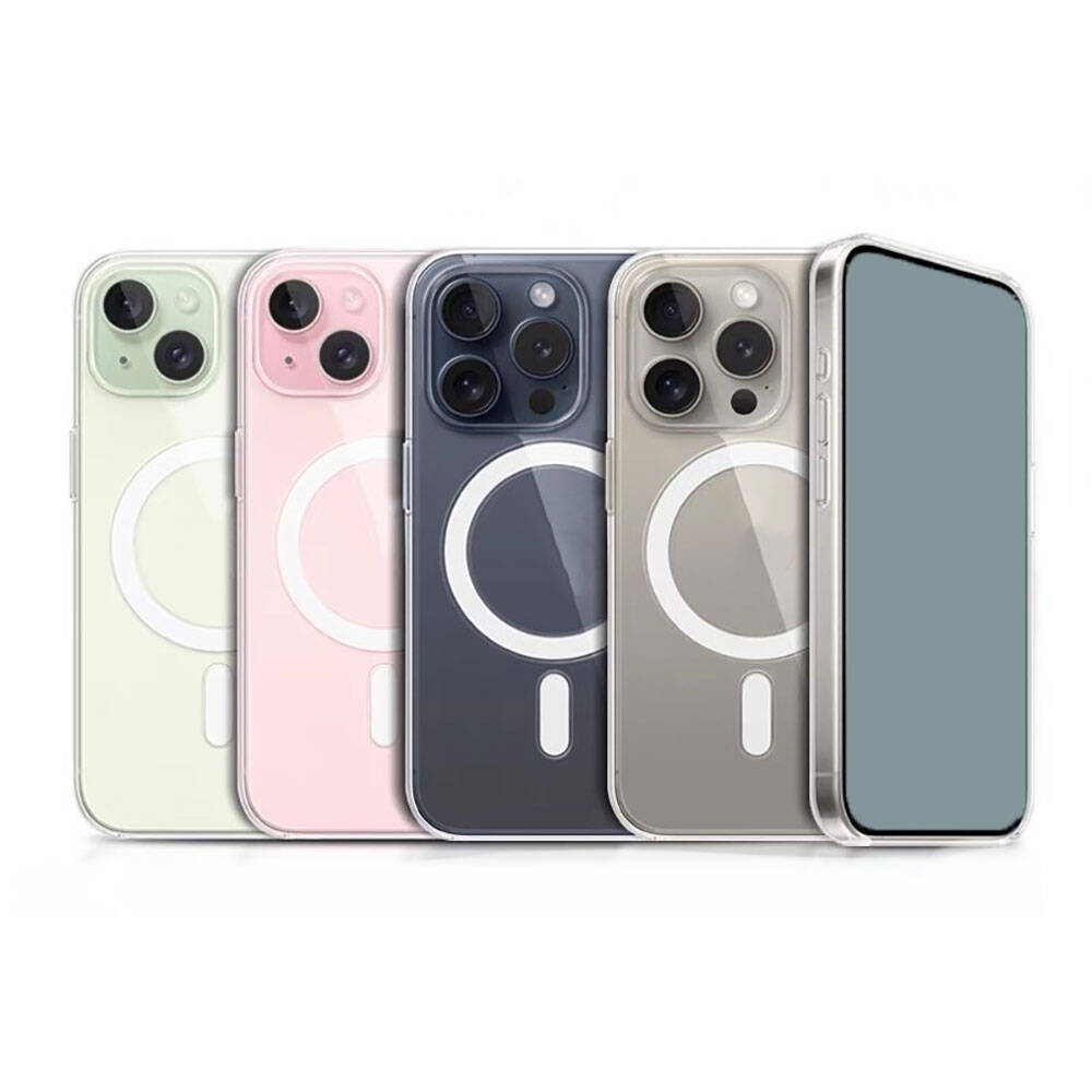 Apple iPhone 15 Plus Kılıf Magsafe Şarj Özellikli Şeffaf Sert PC Zore Embos Kapak Renksiz
