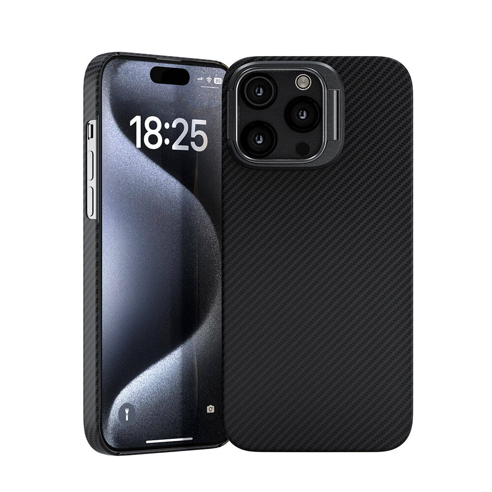 Apple iPhone 15 Pro Kılıf M-safe Şarj Özellikli 600D Kevlar Zore Krek Karbon Standlı Kapak
