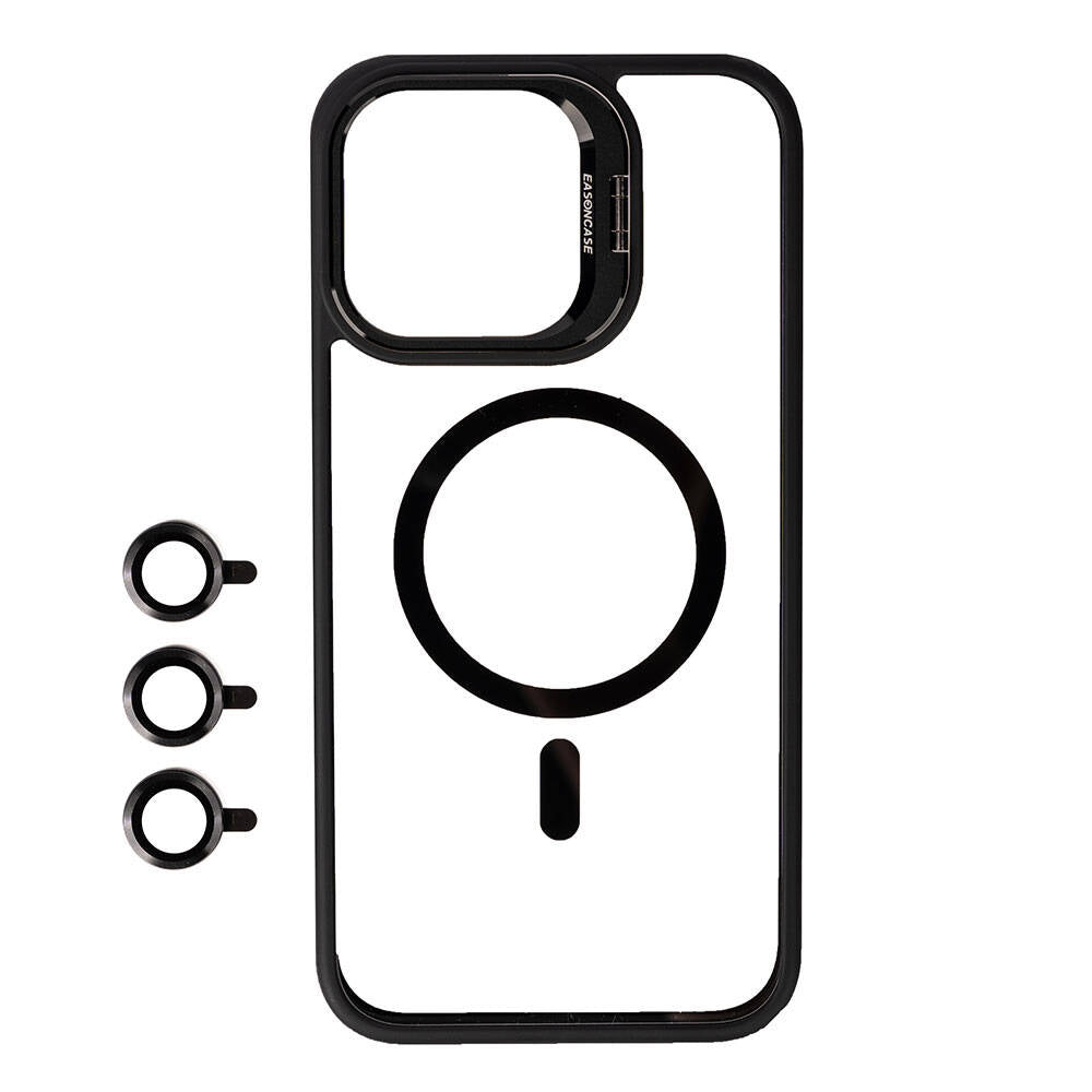 Apple iPhone 15 Pro Kılıf Magsafe Şarj Özellikli Standlı Zore Magsafe Klon Lensli Kapak Siyah