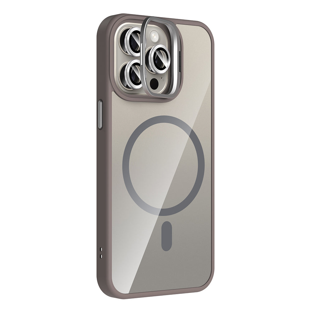 Apple iPhone 15 Pro Kılıf Standlı ve Kamera Lens Hediyeli M-Safe Şarj Özellikli Zore Etro Kapak Derin Mor