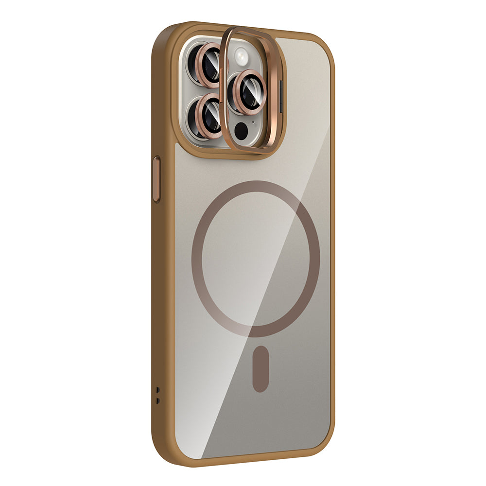 Apple iPhone 15 Pro Kılıf Standlı ve Kamera Lens Hediyeli M-Safe Şarj Özellikli Zore Etro Kapak Derin Mor