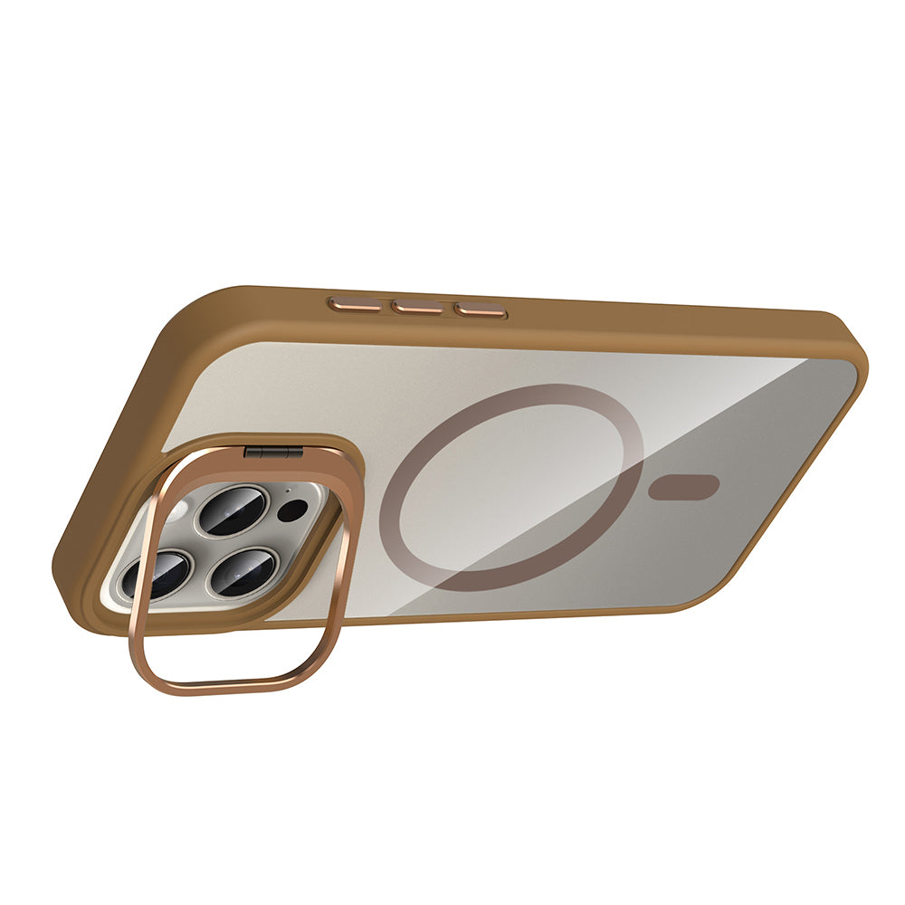 Apple iPhone 15 Pro Kılıf Standlı ve Kamera Lens Hediyeli M-Safe Şarj Özellikli Zore Etro Kapak Derin Mor
