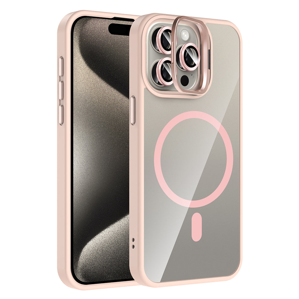 Apple iPhone 15 Pro Kılıf Standlı ve Kamera Lens Hediyeli M-Safe Şarj Özellikli Zore Etro Kapak Derin Mor