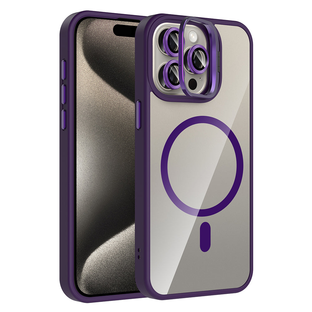Apple iPhone 15 Pro Kılıf Standlı ve Kamera Lens Hediyeli M-Safe Şarj Özellikli Zore Etro Kapak Derin Mor