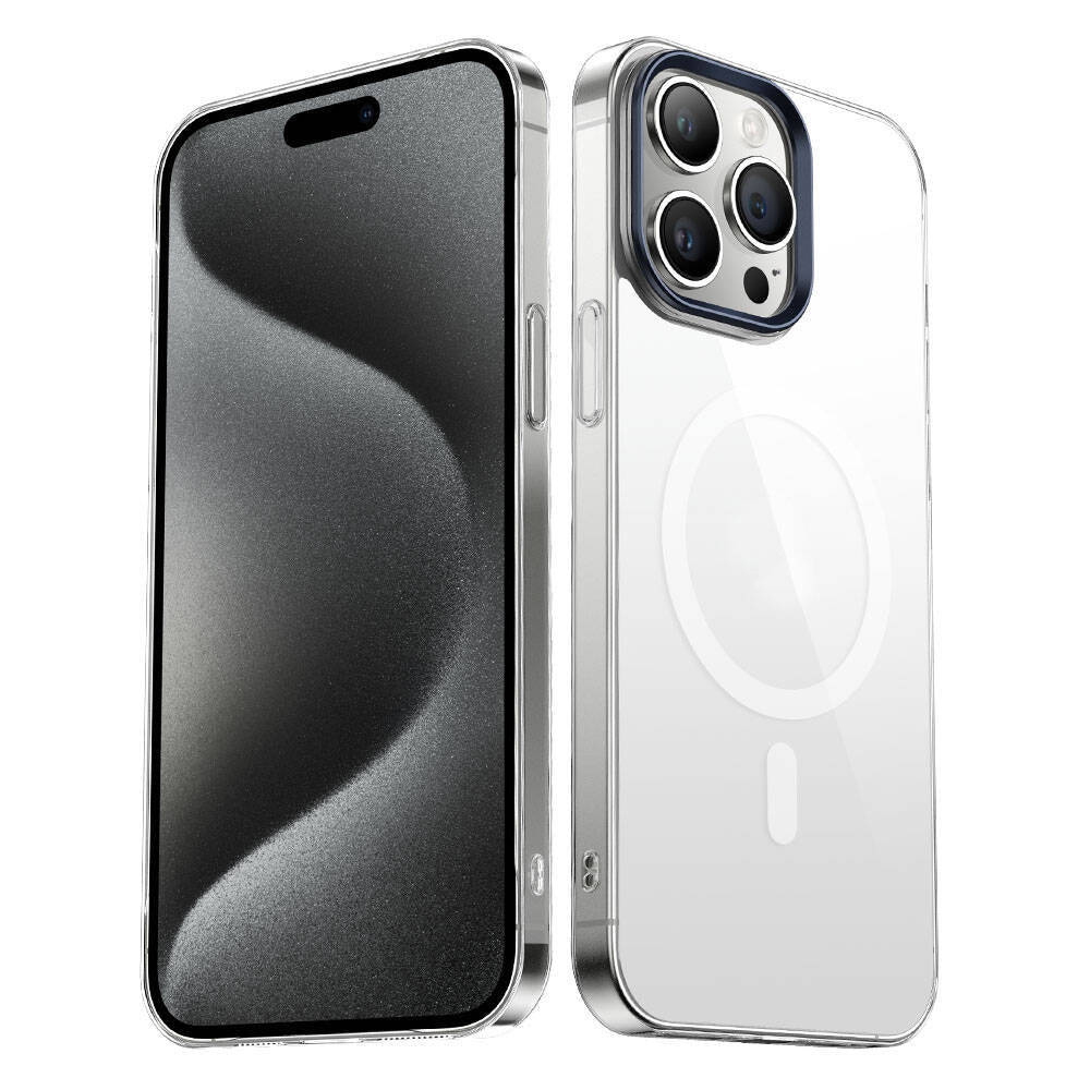Apple iPhone 15 Pro Kılıf Zore Wireless Şarj Özellikli Şeffaf G-Glass Kapak Lacivert