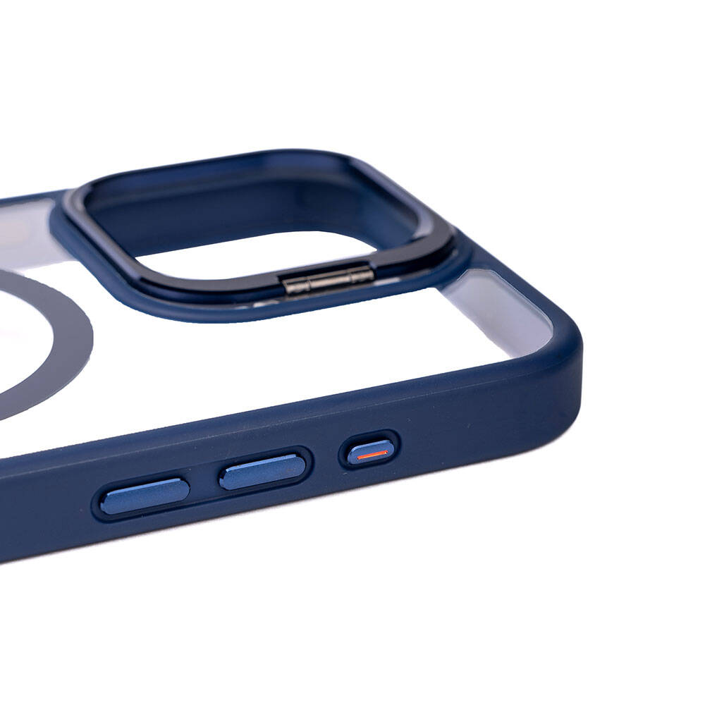 Apple iPhone 15 Pro Max Kılıf Magsafe Şarj Özellikli Standlı Zore Magsafe Klon Lensli Kapak Lacivert