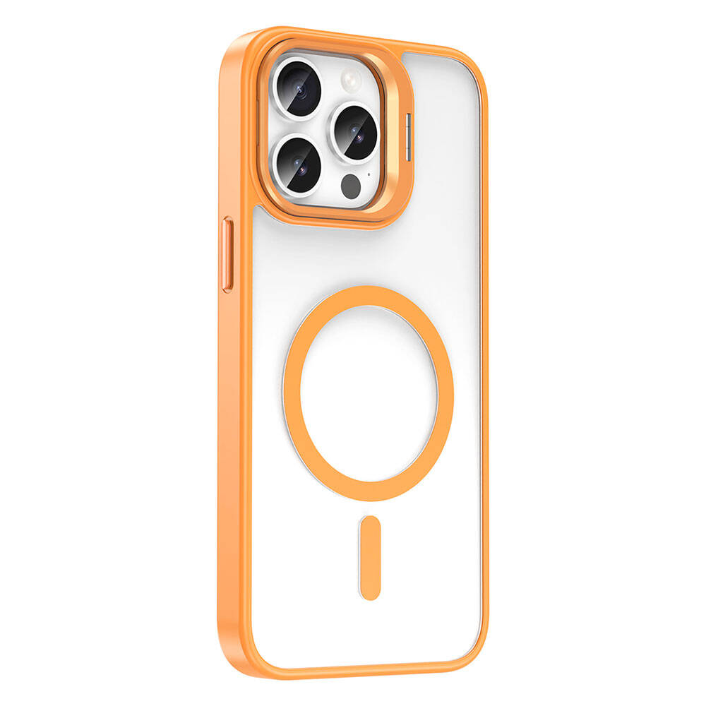 Apple iPhone 15 Pro Max Kılıf Magsafe Şarj Özellikli Standlı Zore Magsafe Klon Lensli Kapak Gri