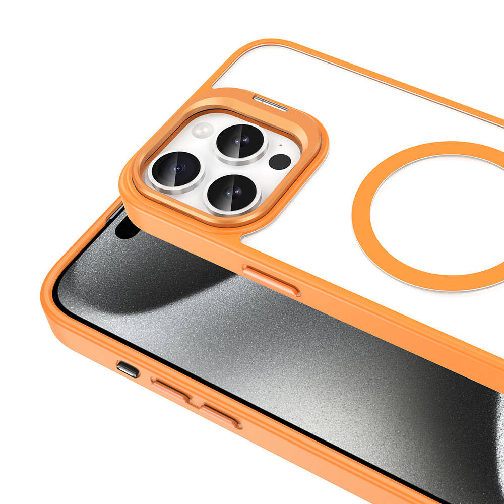 Apple iPhone 15 Pro Max Kılıf Magsafe Şarj Özellikli Standlı Zore Magsafe Klon Lensli Kapak Lacivert